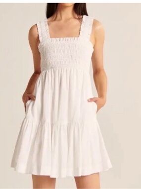 Abercrombie & Fitch White Smocked Square-Neck Mini Dress Large Tall